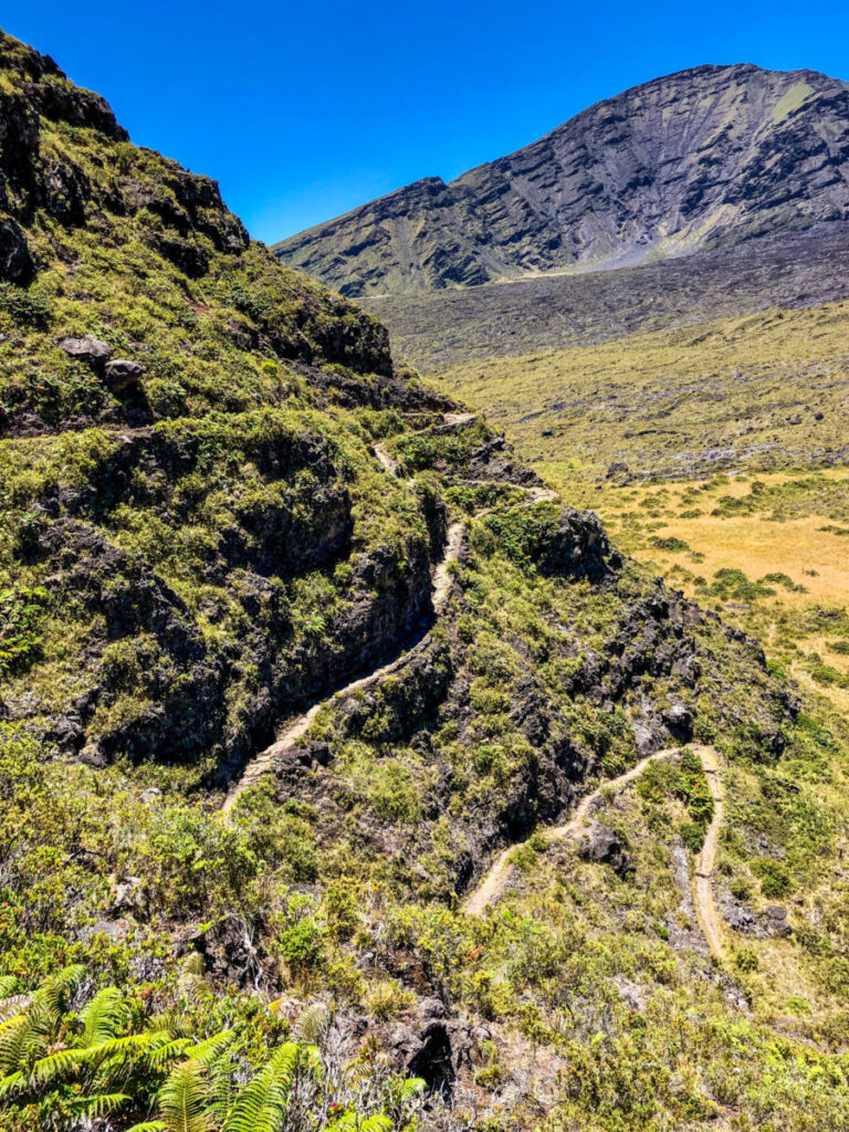 Dieses Bild zeigt den Haleakala Krater vom Halemauu Trail im Haleakala National Park auf Maui, Hawaii 