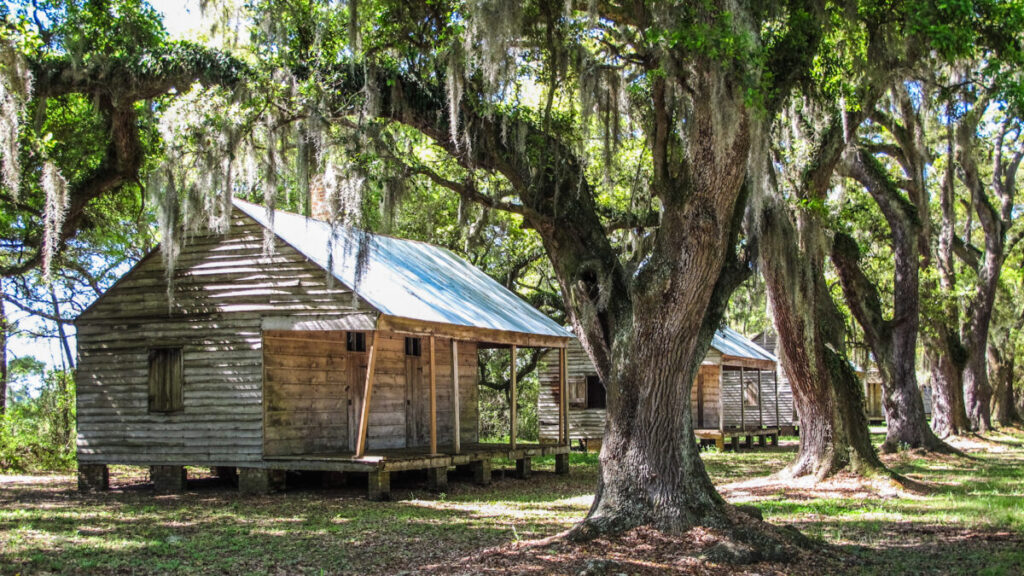 Dieses Bild zeigt die ehemaligen Sklavenhütten an der Eichenallee auf der Evergreen Plantation Louisiana