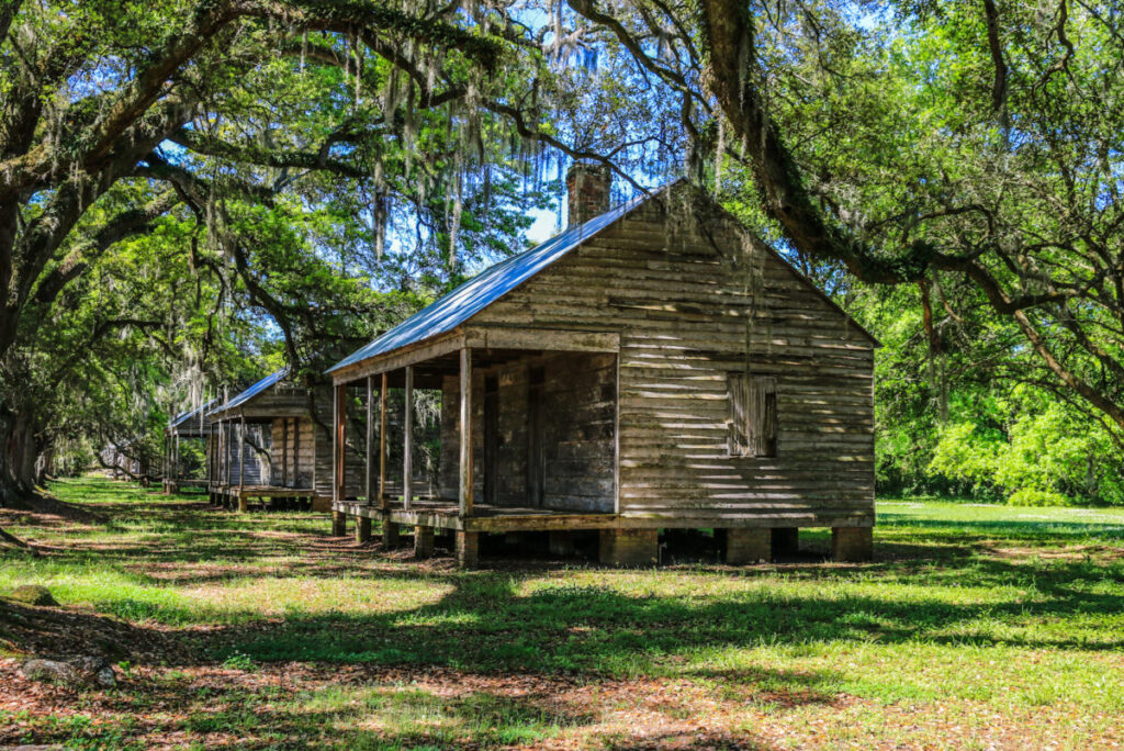 Dieses Bild zeigt die ehemaligen Sklavenhütten an der Eichenallee auf der Evergreen Plantation Louisiana